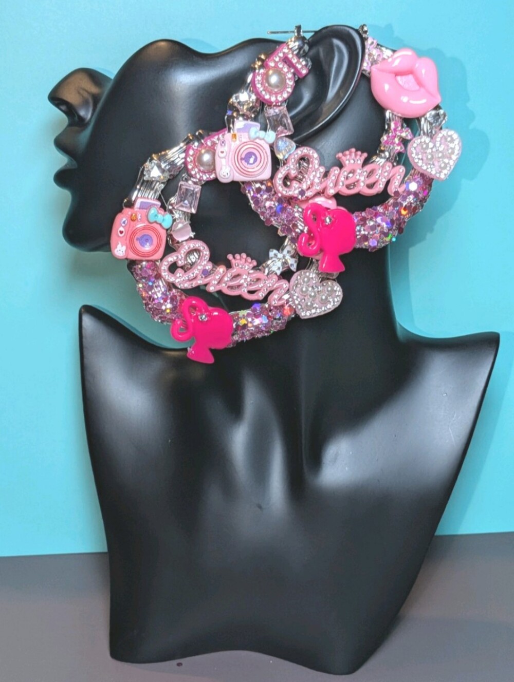 Hand Crafted Sparkling Pink Glitter 'Queen' Charm Xl Hoop Earrings For Women